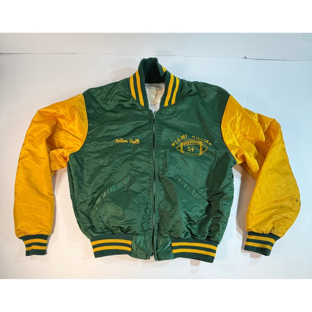 Vintage DeLONG Miami Killian Cougars Varsity Jacket Green Yellow Mens Medium USA
